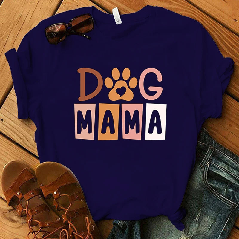 Dog Mama Printing Round Neck T-Shirt